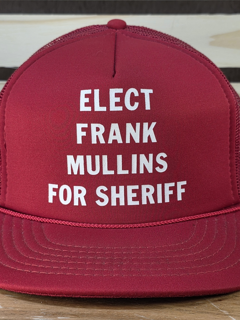 Vintage Red Trucker Hat with White 'Elect Frank Mullins for Sheriff'